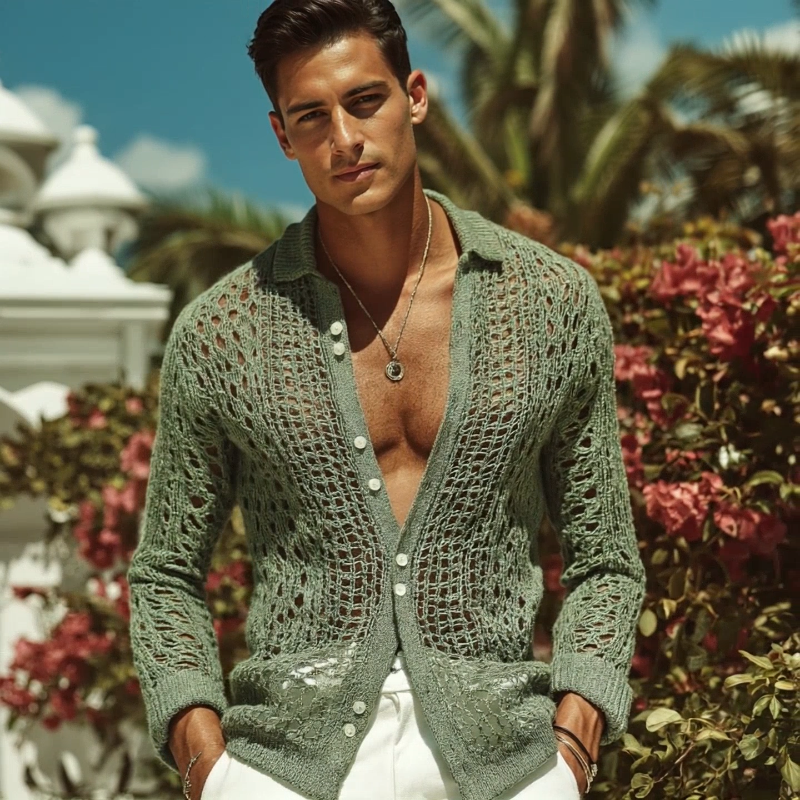 Heren Retro Casual Hollow Knit Overhemd met Lange Mouwen MTA2892G7TO