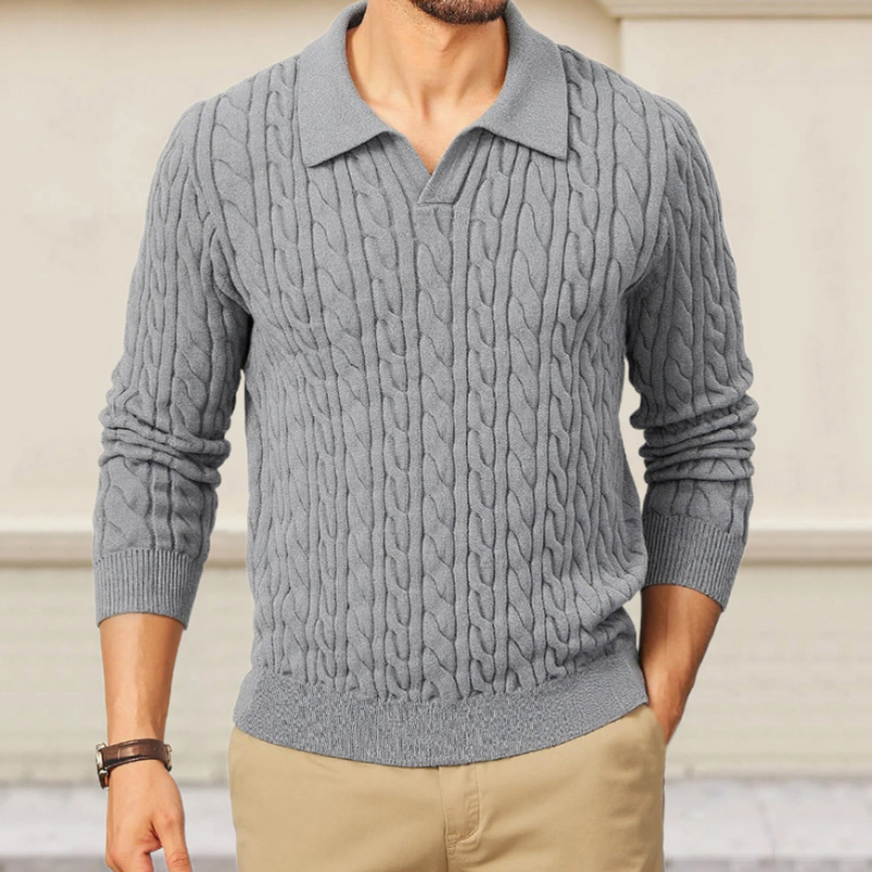 Heren vintage trui met effen kleur, polo met kraag, enkelrij, slim fit, kabelbreiwerk MTA1196H9M