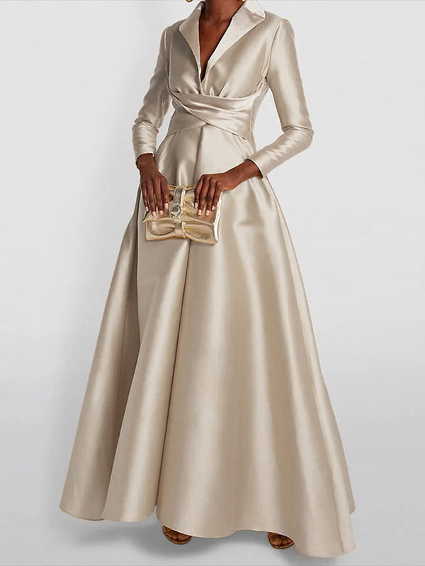 A-Lijn Hoge Taille Plissé Effen Kleur V-Hals Maxi Jurken