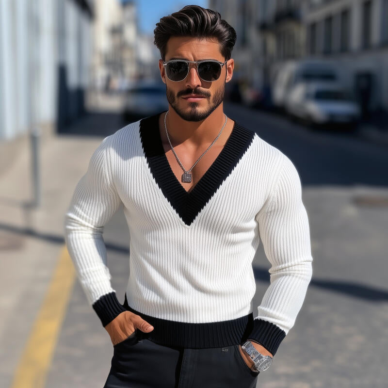 Heren Vintage Sweater Pullover met Contrasterende Kleur en V-hals MTA2802H5M
