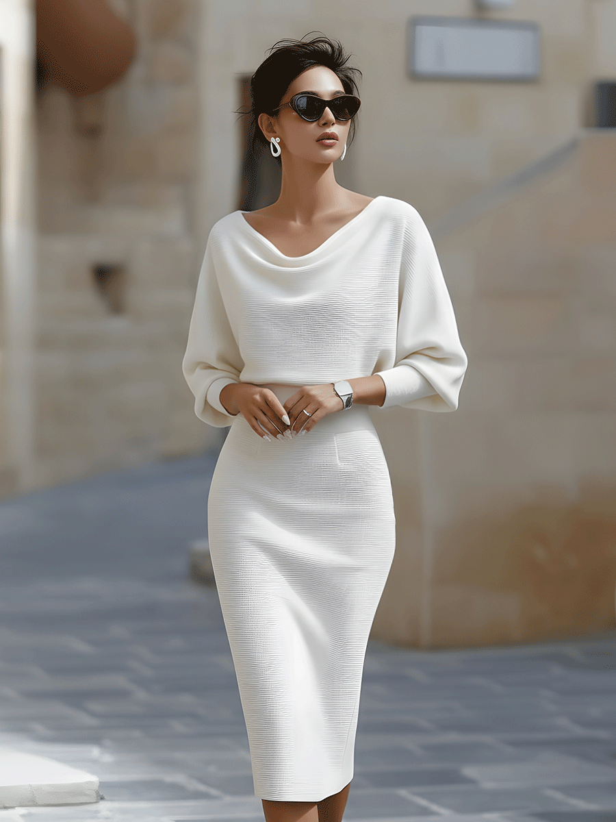 Witte Gelaagde Batwing Midi Jurk