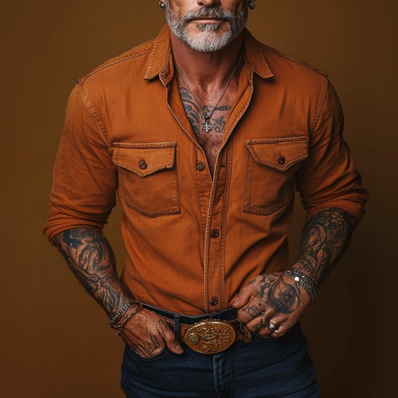 Mannelijke retro casual overhemd met lange mouwen en zak 51033666TO