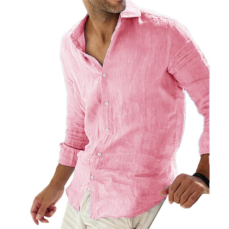 Heren Casual Effen Overhemd met Linnen Kraag, Ademend, Lange Mouwen 78653851Y