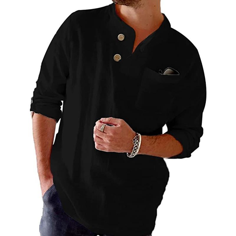 Heren overhemd van katoen en linnen, losvallend, casual, effen, met opgerolde mouwen, lange mouw 77171009X