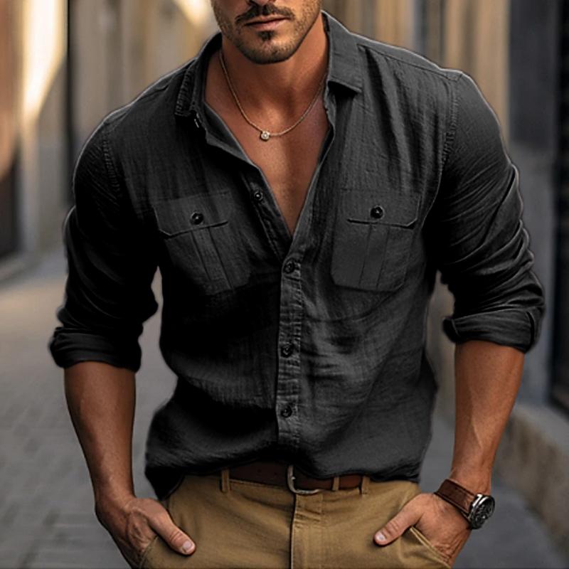 Heren overhemd met lange mouwen van katoen en linnen in effen kleur met dubbele zak 64413169Y