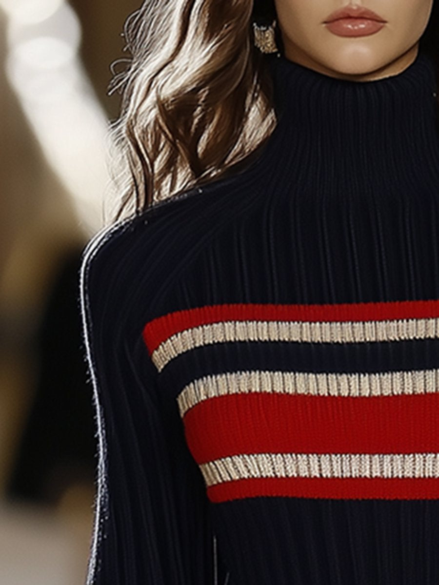 Natalia – Retro Gebreide Jurk met Streep en Col