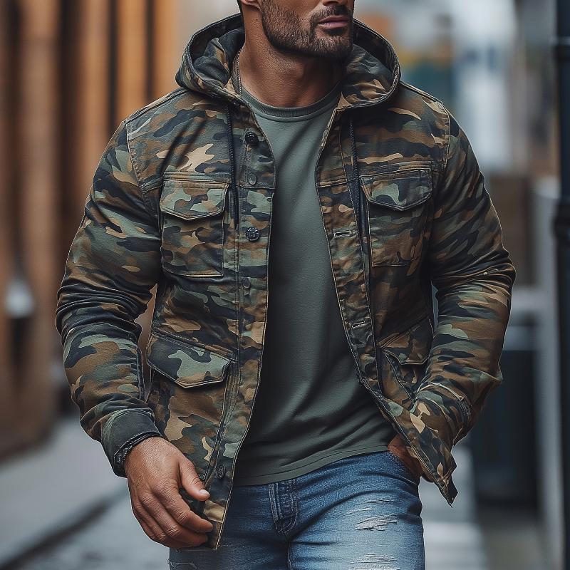 Heren Casual Camouflage Jacket met Capuchon en Veel Zakjes, Effen 42185129M