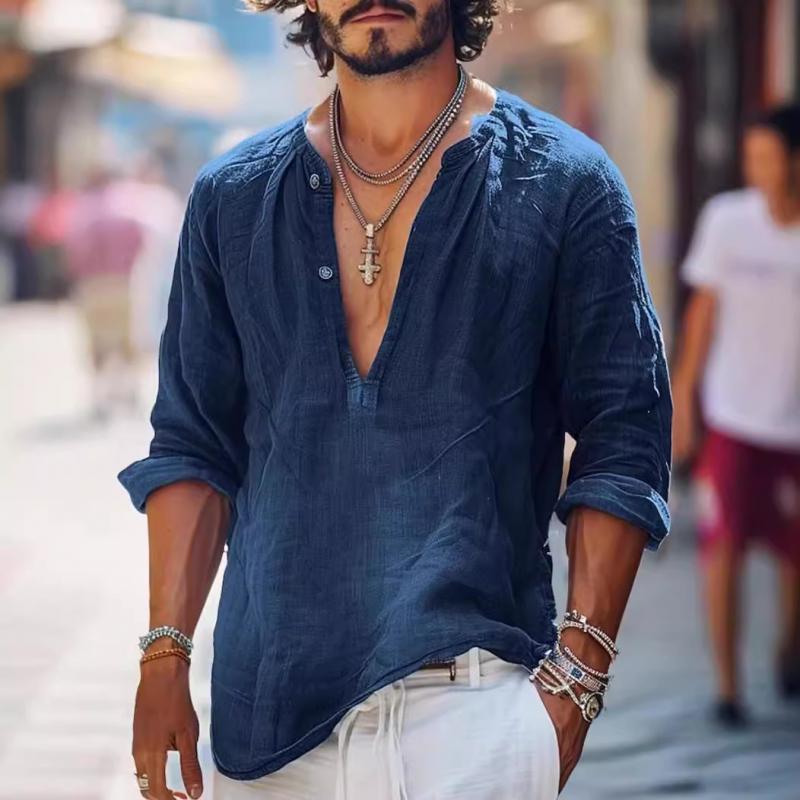 Heren Vintage Overhemd met Knopen V-Hals met Lange Mouwen 16011016Y