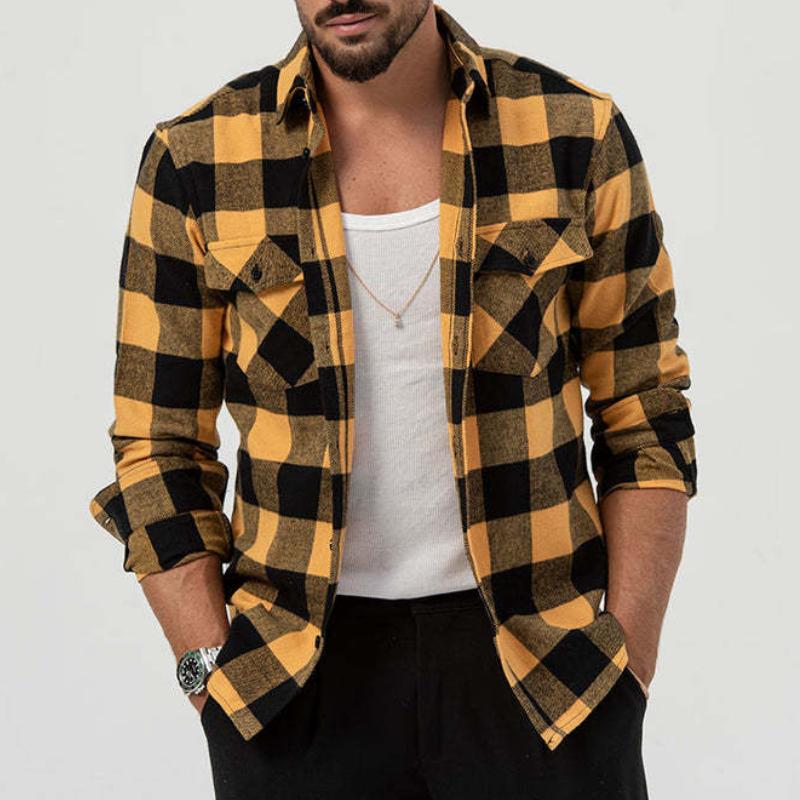 Heren retro casual overhemd met ruitpatroon, met zakje en kraag, met lange mouwen 62039387TO
