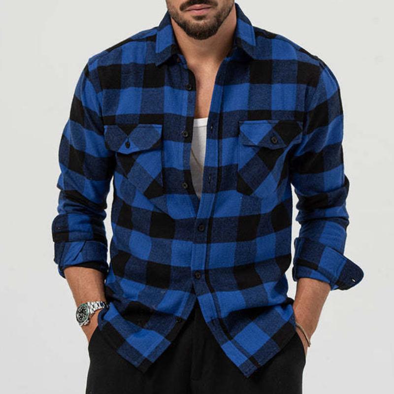 Heren retro casual overhemd met ruitpatroon, met zakje en kraag, met lange mouwen 62039387TO