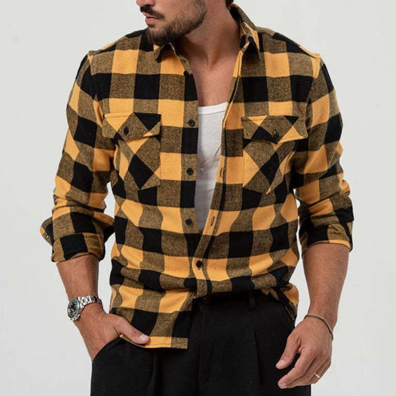 Heren retro casual overhemd met ruitpatroon, met zakje en kraag, met lange mouwen 62039387TO