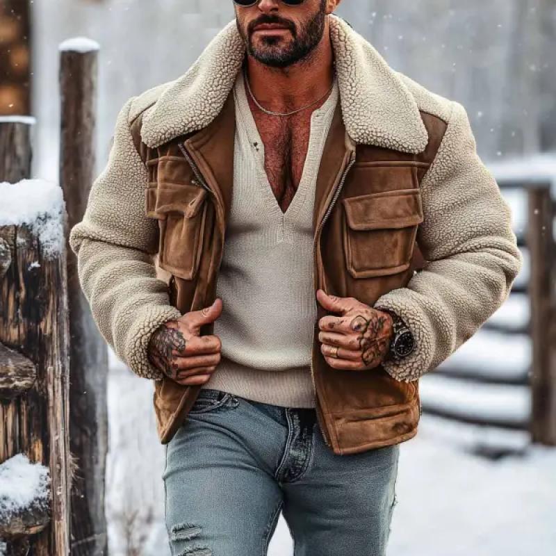 Heren Vintage Suede Naad Wol Jack met Kraag 32133200Y