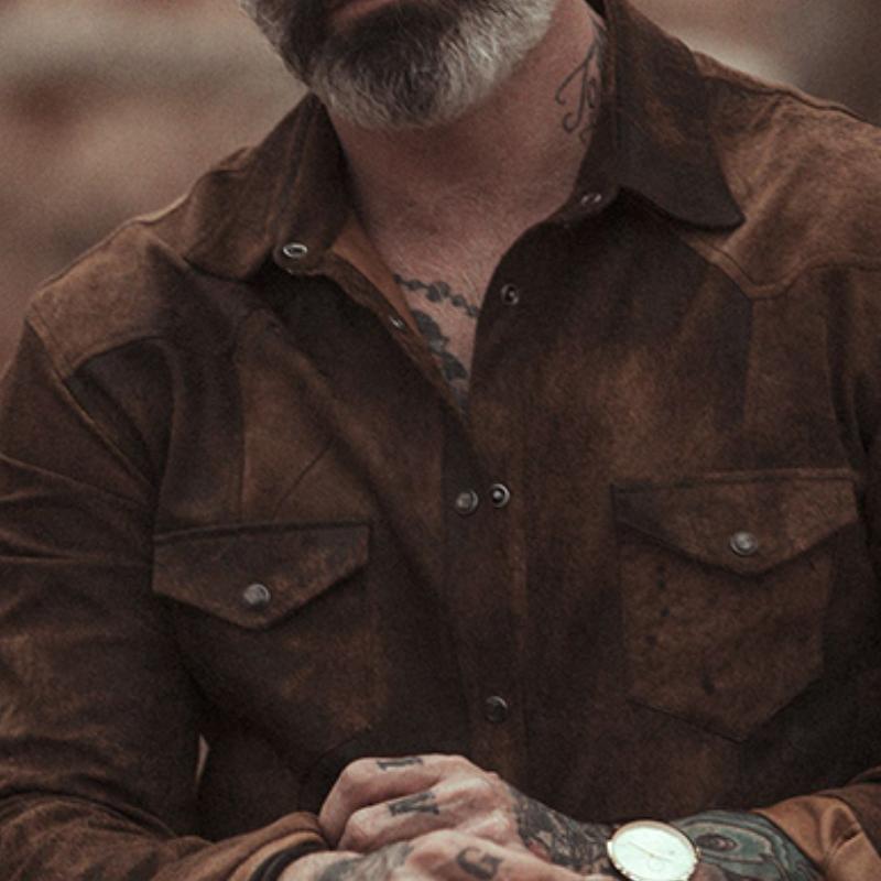 Heren Vintage Casual Suède Overhemd met Lange Mouwen en Kraag 31793631TO