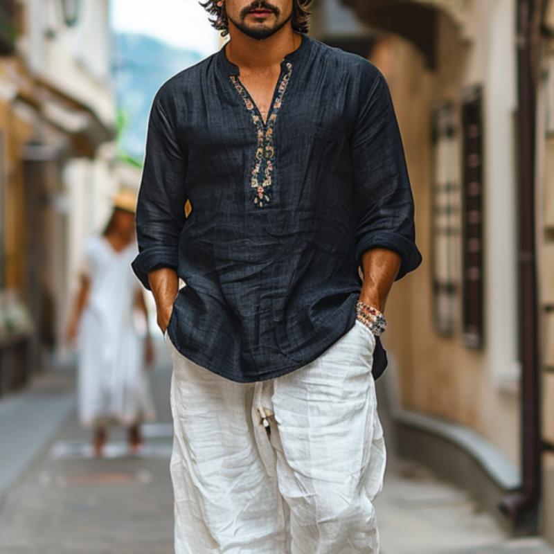 Heren shirt van katoen en linnen, ademend, met print, met V-hals, lange mouwen 44077225Y