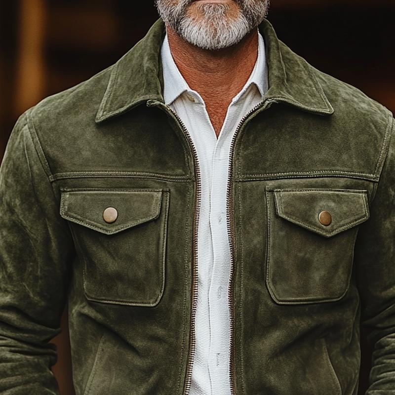 Heren casual jack met rits, van suede, met borstzak en gestreepte riem 09306742Z