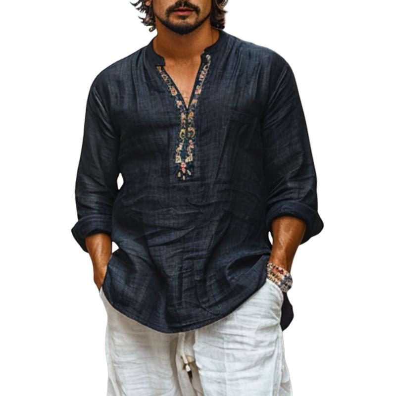 Heren overhemd van katoen en linnen, ademend, met print, met V-hals, lange mouw 44077225Y