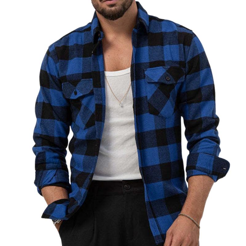 Heren retro casual overhemd met ruitpatroon, met zakje en kraag, met lange mouwen 62039387TO
