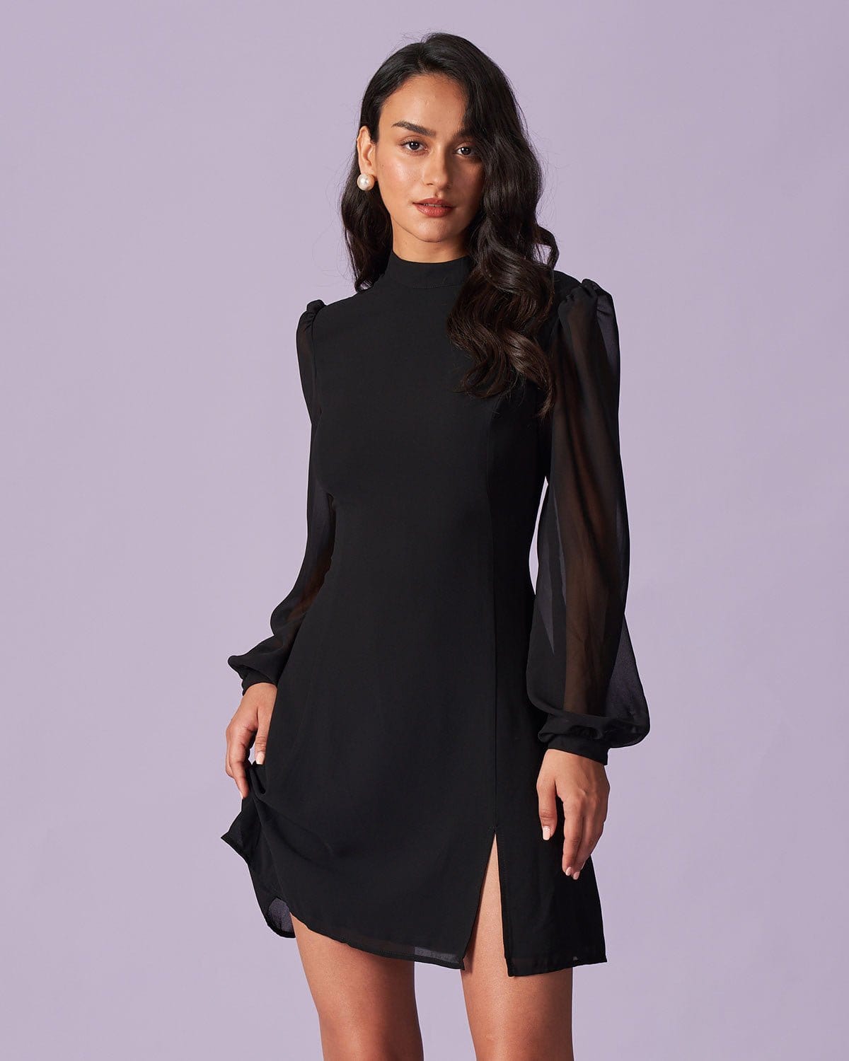 De Zwarte Stand Collar Sheer Slit Mini Jurk