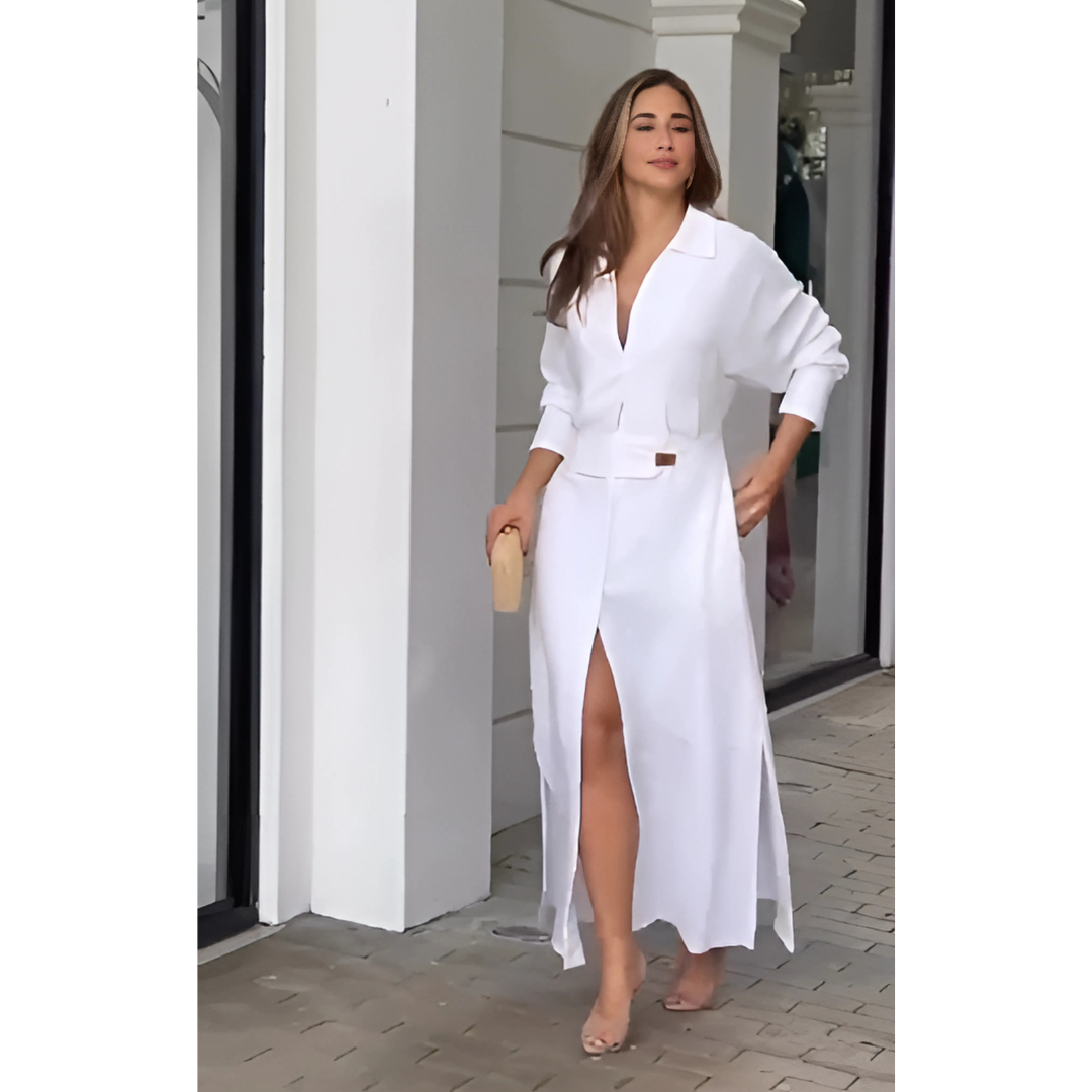 Barbara | Maxijurk van katoen en linnen met knopen en een tailleband