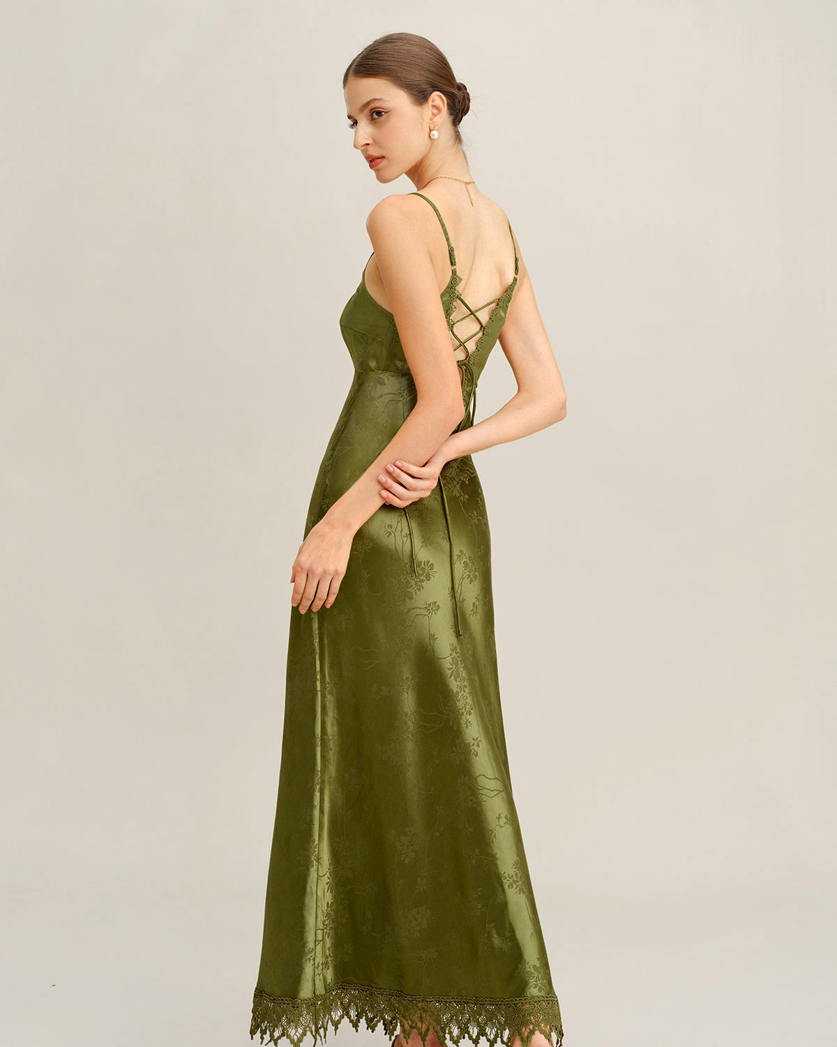 Groene Jacquard Korset Slip Maxi Jurk