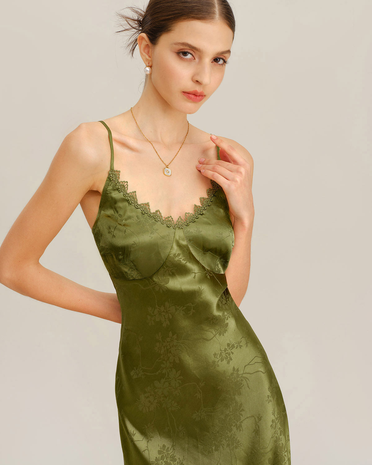 Groene Jacquard Korset Slip Maxi Jurk