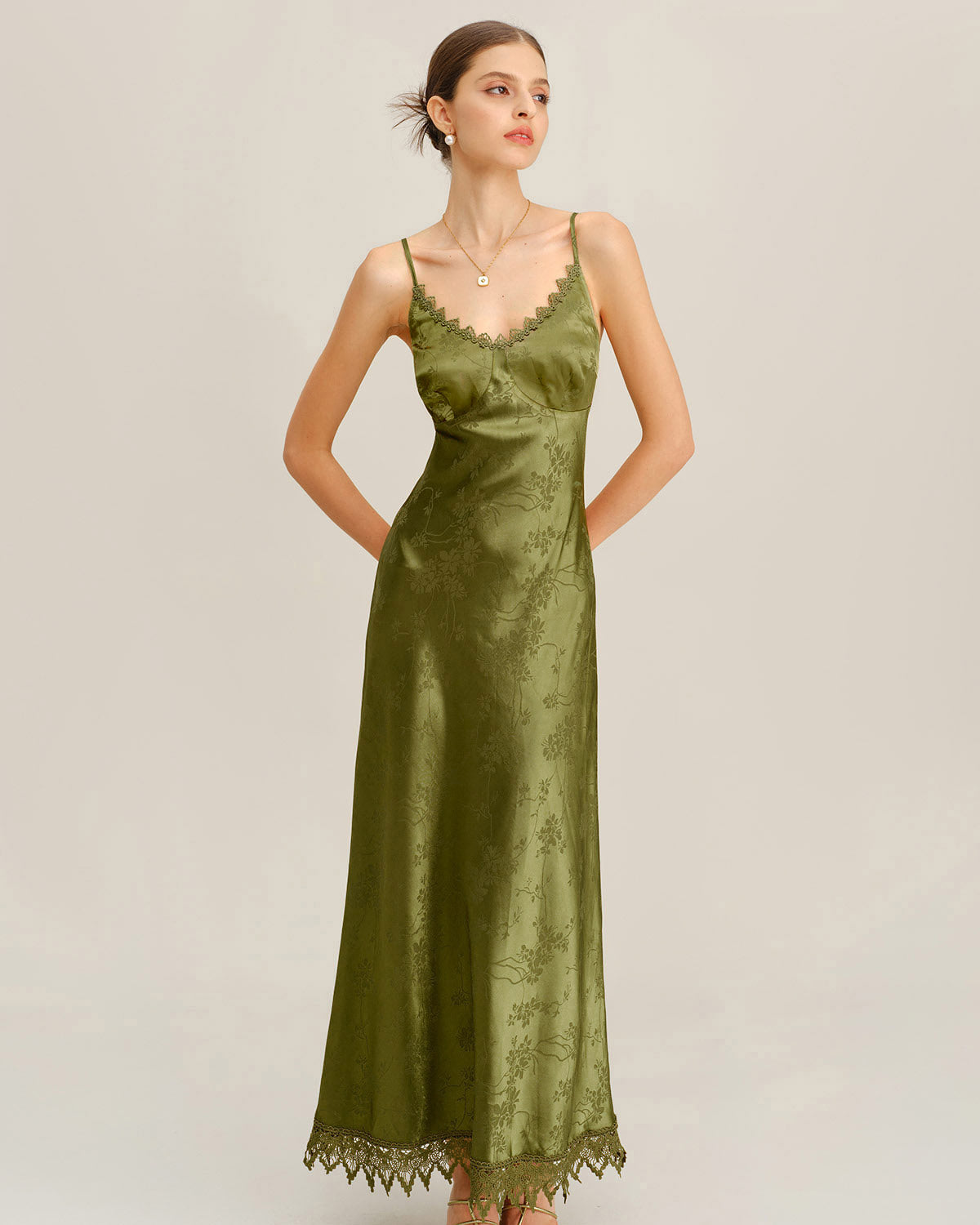 Groene Jacquard Korset Slip Maxi Jurk