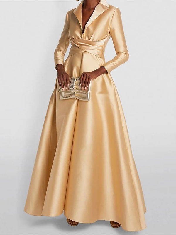 A-Lijn Hoge Taille Plissé Effen Kleur V-Hals Maxi Jurken