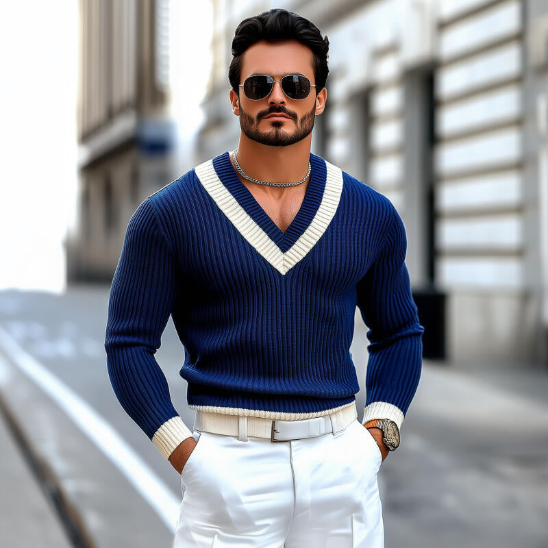 Heren Vintage Contrast Trui met V-hals, Slim Fit, Lange Mouwen MTA2709H9M