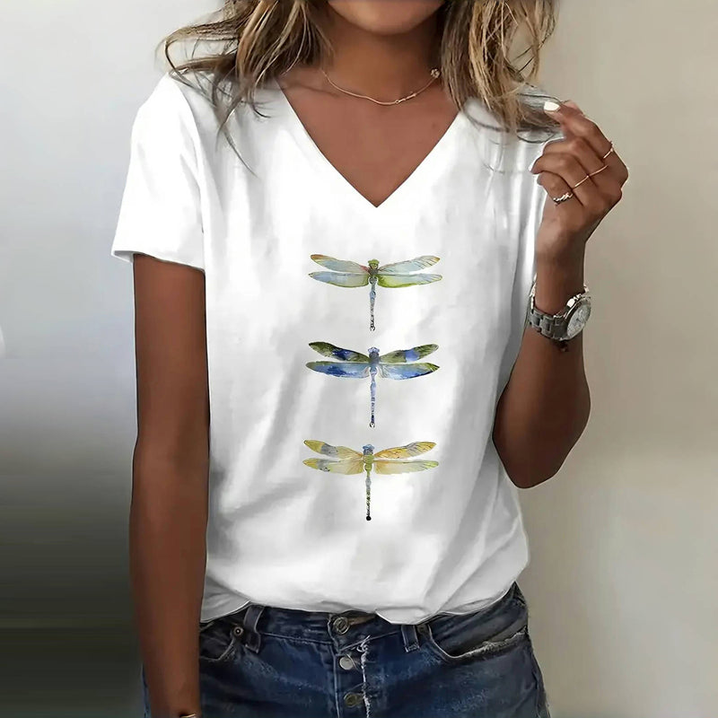 Zosia | Casual T-shirt met V-hals en libelleprint