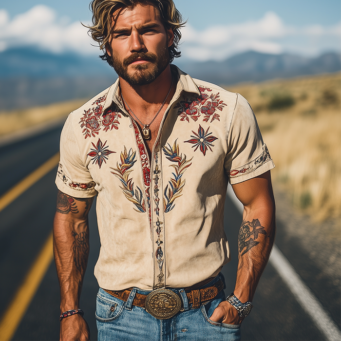 【24-uurs verzending】Heren retro western overhemd met korte mouwen, suède, geborduurd, voor lente/zomer MTA1533D2K