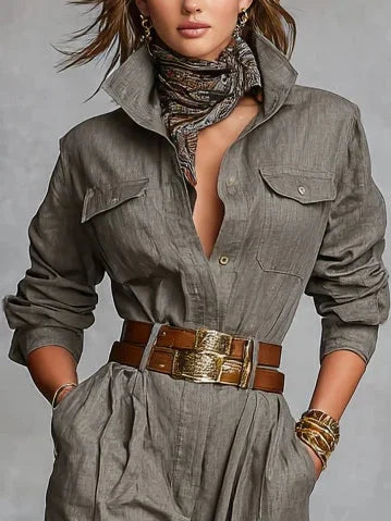 Magda | Katoenen-linnen jumpsuit met lange mouwen