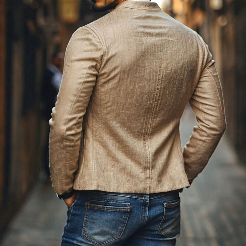 【24-uurs verzending】Heren Casual Linnen Jacket met Borduursel, Staande Kraag en Knopen Sluiting Slim Fit 48687422M