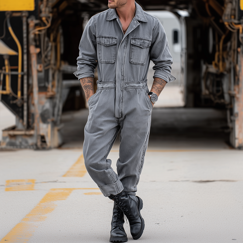 Heren Retro Casual Denim Was Koled D lange Mouw Overhemd Jumpsuit MTA0436H3TO