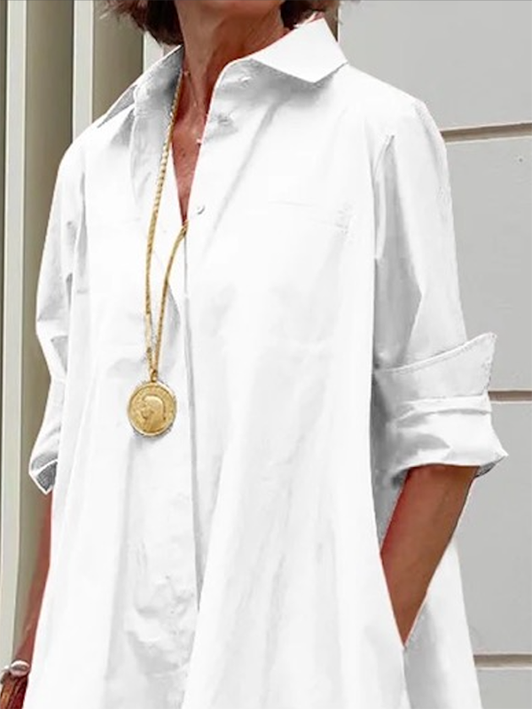 Lange Mouwen Losse Effen Kleur Revers Kraag Midi Jurken Overhemd Jurk