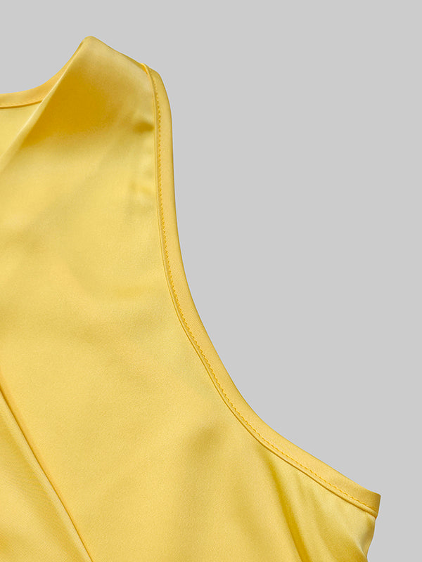 High-Low Losse Rimpel Trim Effen Kleur Tied Taille V-Hals Maxi Jurken