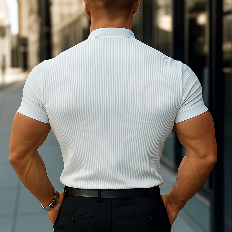 Heren Korte Mouwen Gestreepte Overhemd met Staande Kraag MTA1770D4Z