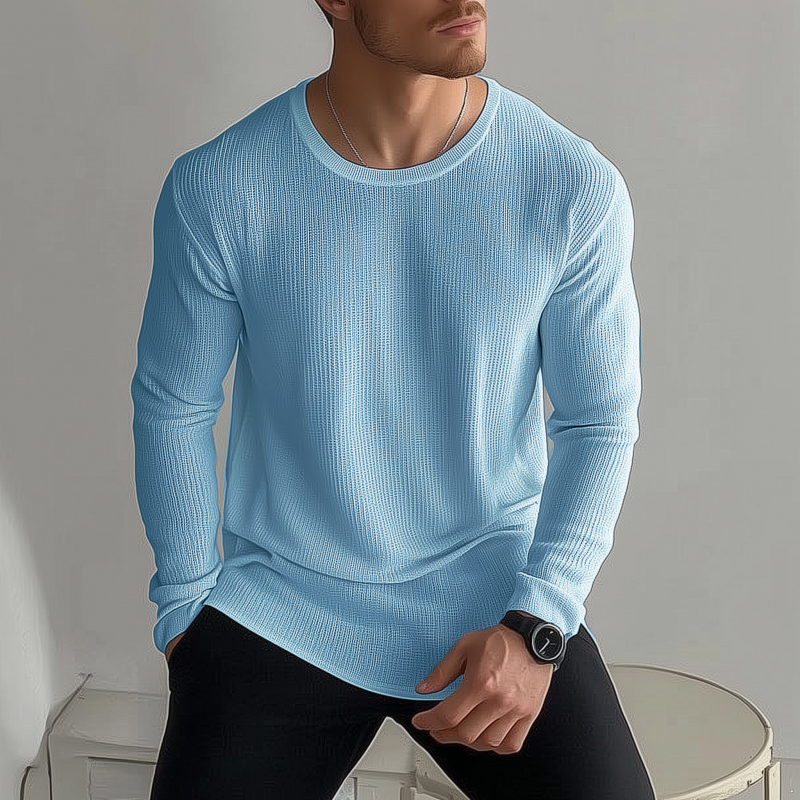 Heren Casual Effen Kleur Ademend Gebreid T-shirt Sweater met Ronde Hals Losse Lange Mouw MTA2184G6M