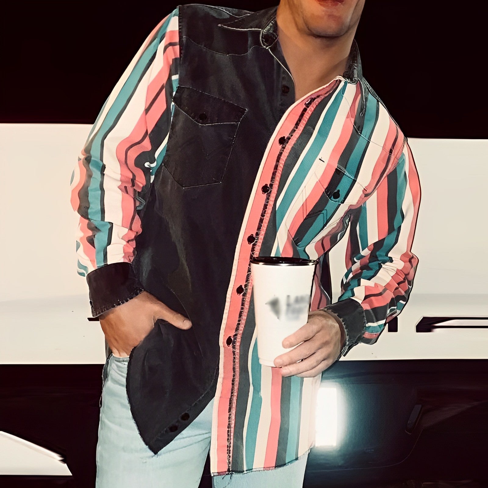 Retro herenoverhemd met kleurrijke blokkenprint, losvallend, met lange mouwen 57994496M