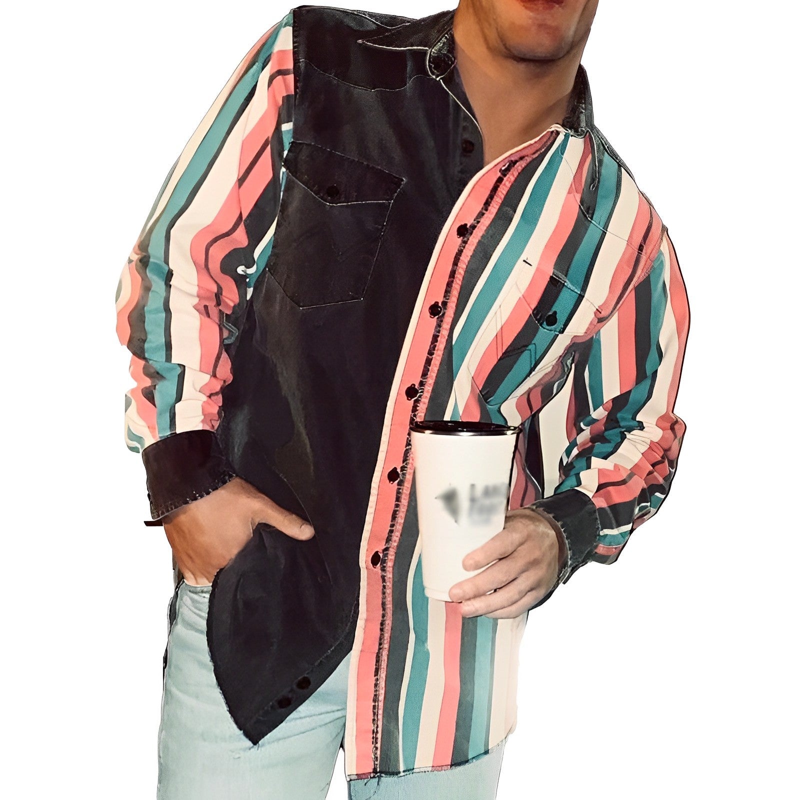 Retro herenoverhemd met kleurrijke blokkenprint, losvallend, met lange mouwen 57994496M