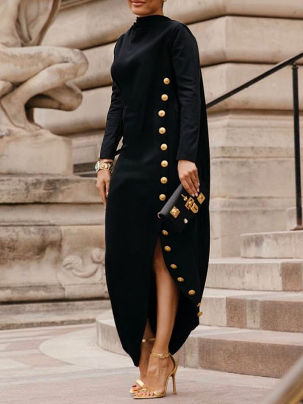 Lange Mouwen Losse Asymmetrische Geknoopte Split-Joint Split-Zijde Mock Neck Maxi Jurken