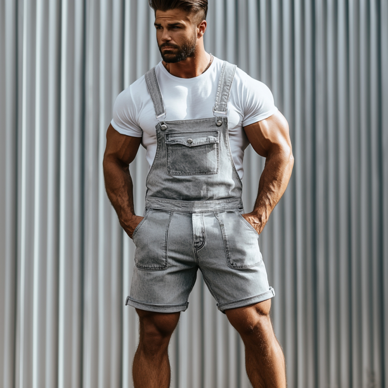 Heren vintage, gewassen, versleten spijkerbroek overall shorts met meerdere zakken MTA2785E1M