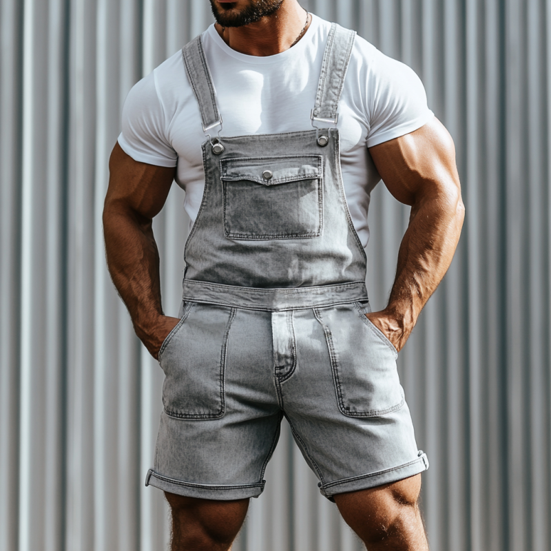 Heren vintage, gewassen, versleten spijkerbroek overall shorts met meerdere zakken MTA2785E1M