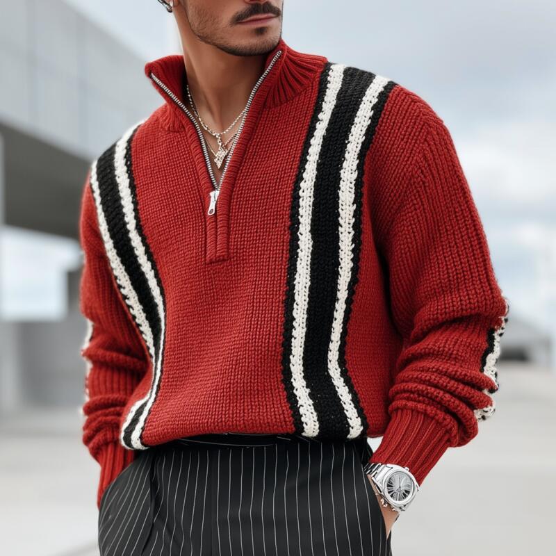 Heren Vintage Contrast Trui van Ademend Breiwerk met Rits en Staande Kraag MTA2841H3M