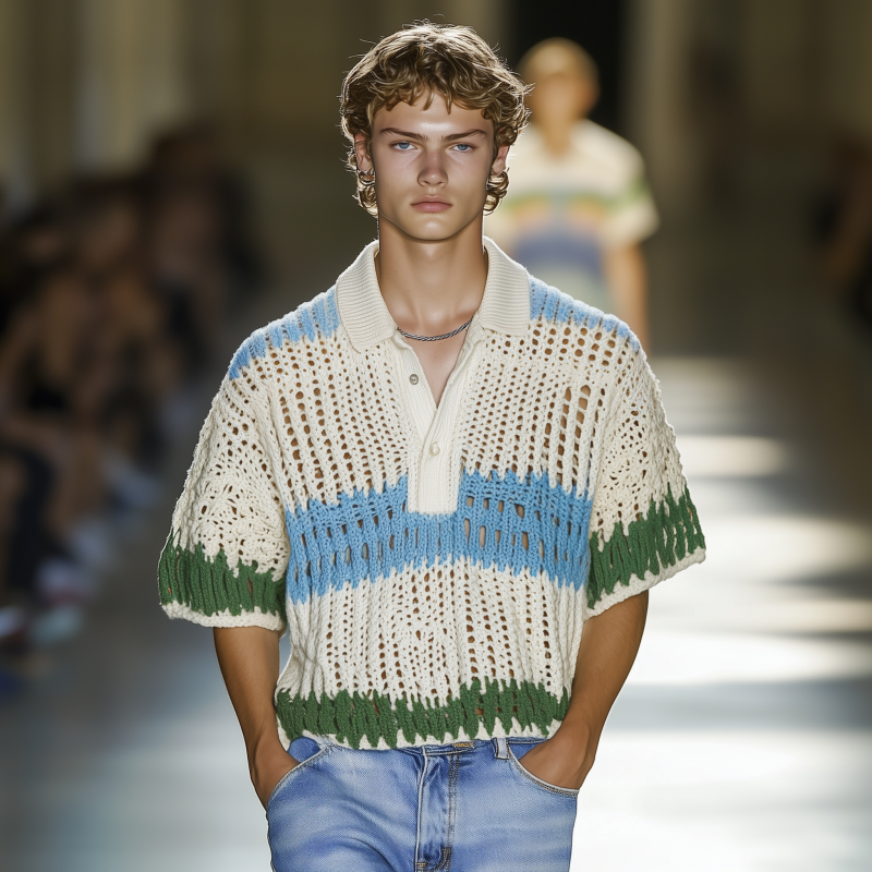 Heren casual polo t-shirt met contrasterende strepen, los, korte mouw, MTA1038F9M