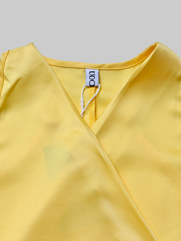 High-Low Losse Rimpel Trim Effen Kleur Tied Taille V-Hals Maxi Jurken