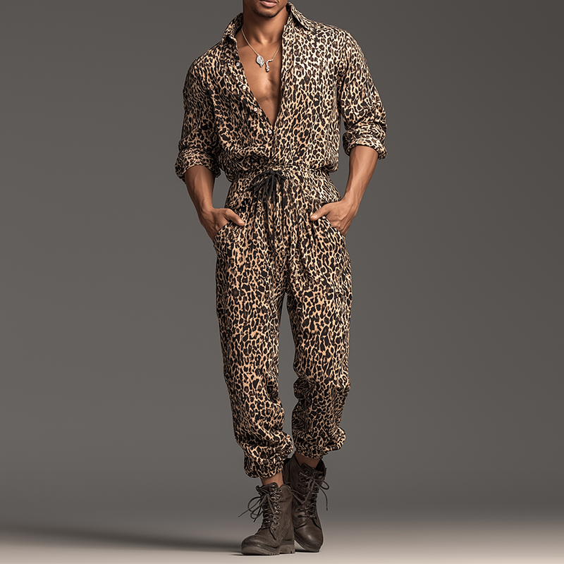 Heren Retro Casual Jumpsuit met Luipaardprint en Kraag met Lange Mouwen MTA0421H8TO