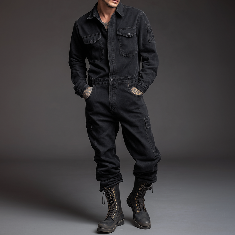 Heren retro casual katoenen gewassen jumpsuit met kraag en lange mouwen MTA0472H9TO