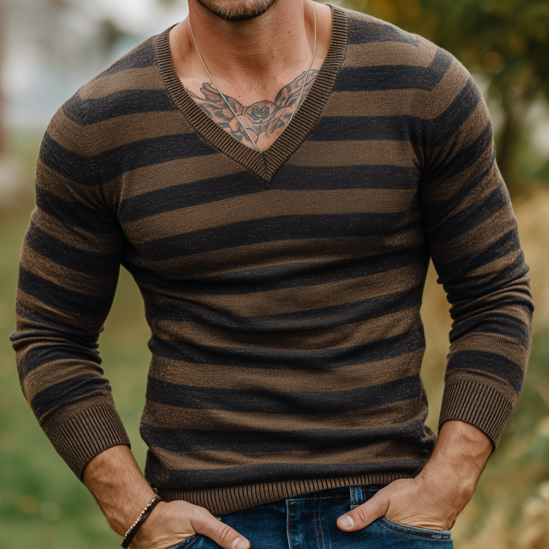 Heren vintage sweater met V-hals en contrasterende strepen MTA1813H3M