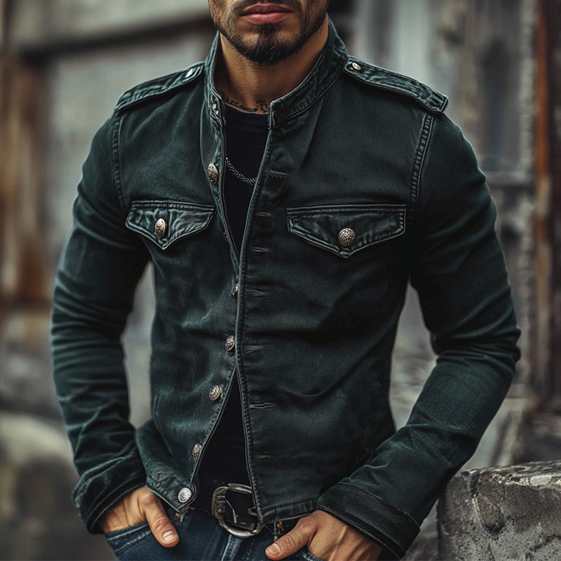 【24-uurs verzending】Heren Vintage Jeansjack met Staande Kraag 75697045X