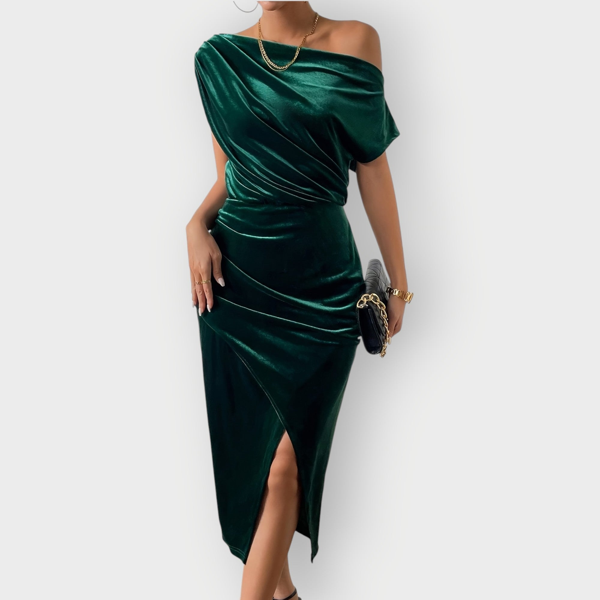 Grecia – Off-Shoulder Draped Velvet Midi Jurk